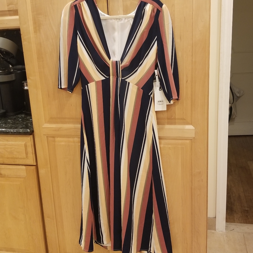 Leith Deep V-Neck Stripe Midi Dress SZ S NWT